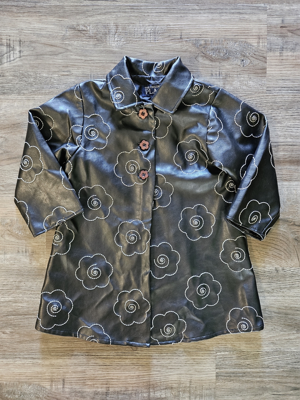 The Children's Place Girls Black Faux Leather Floral Embroidered Dress Coat